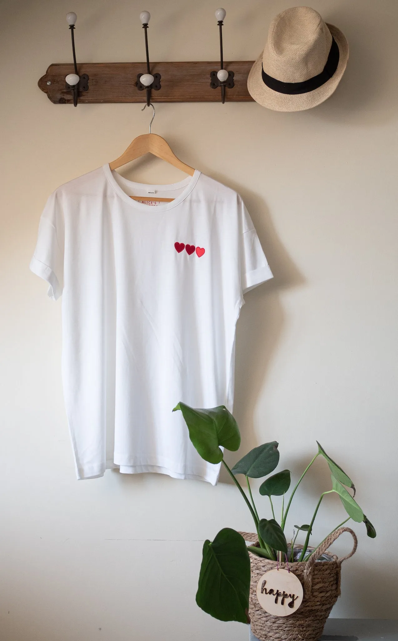 Triple Hearts Embroidered White Tee - Boyfriend Fit