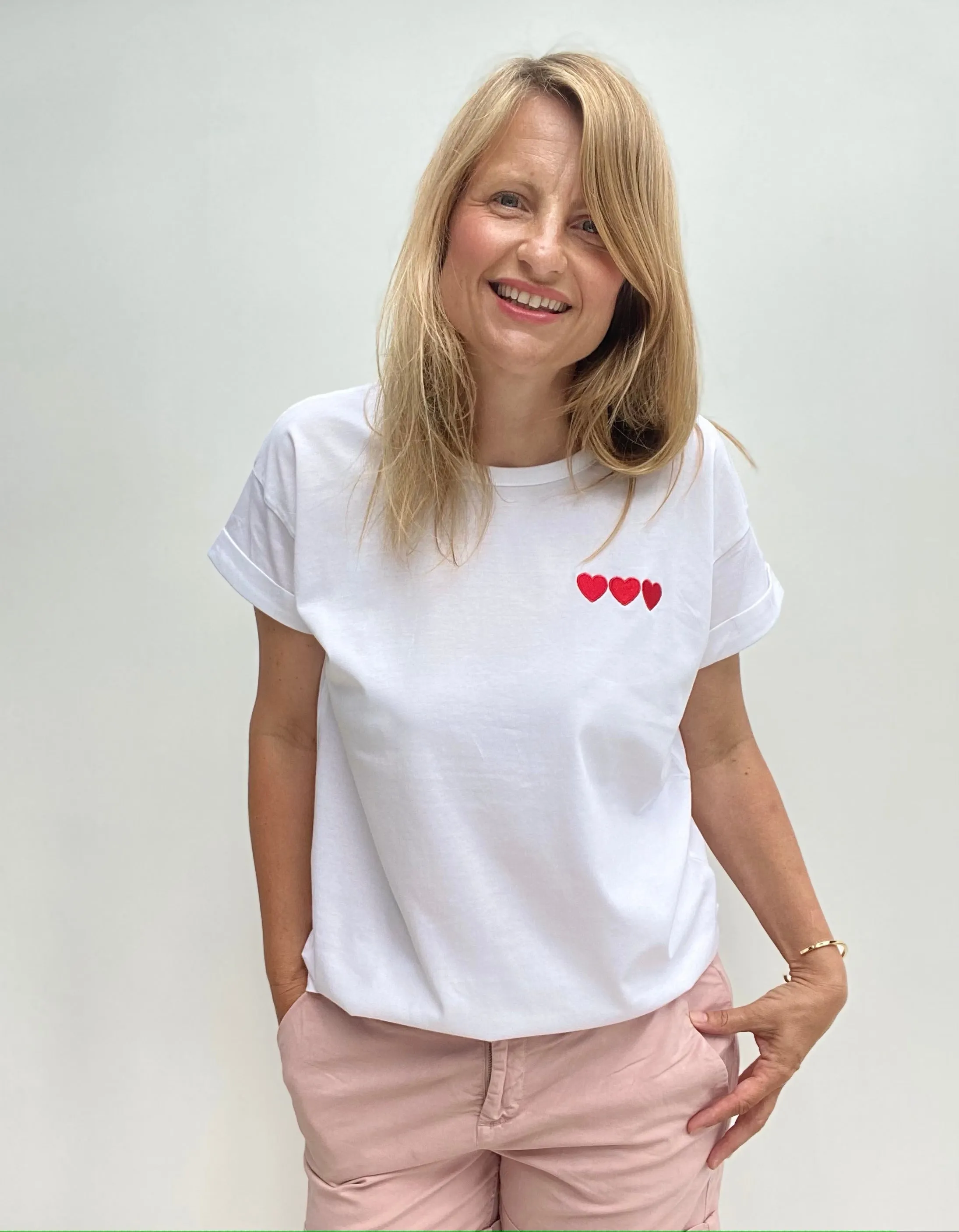 Triple Hearts Embroidered White Tee - Boyfriend Fit