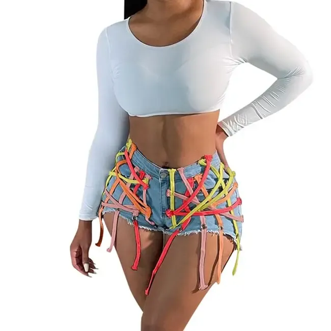 UrbanCage High-Waist Strappy Cutout Denim Shorts