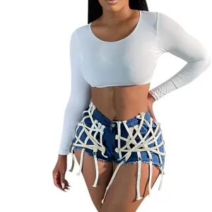 UrbanCage High-Waist Strappy Cutout Denim Shorts