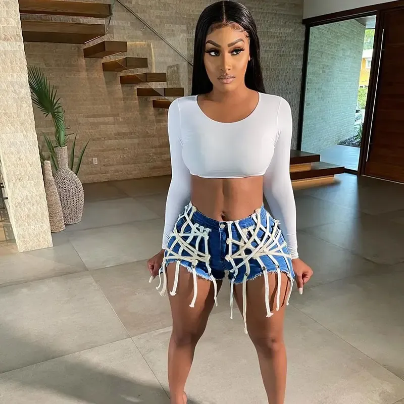 UrbanCage High-Waist Strappy Cutout Denim Shorts