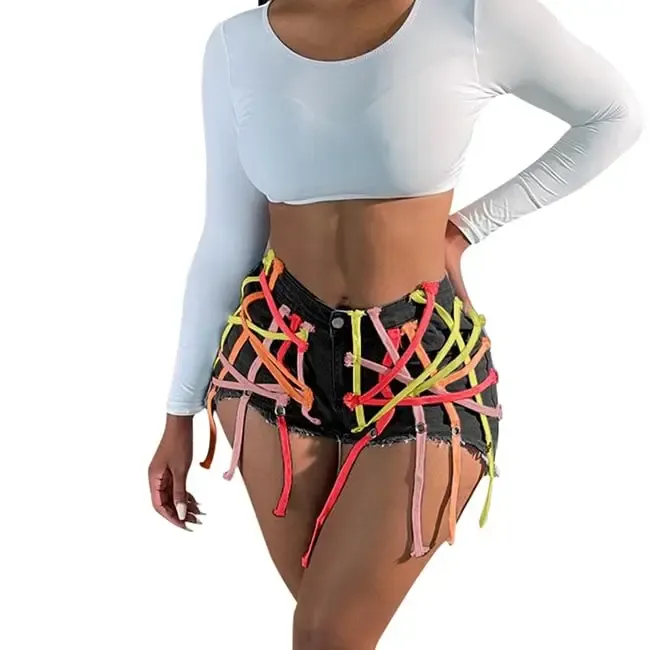 UrbanCage High-Waist Strappy Cutout Denim Shorts