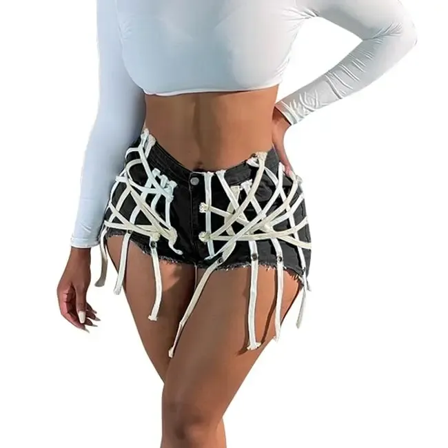 UrbanCage High-Waist Strappy Cutout Denim Shorts