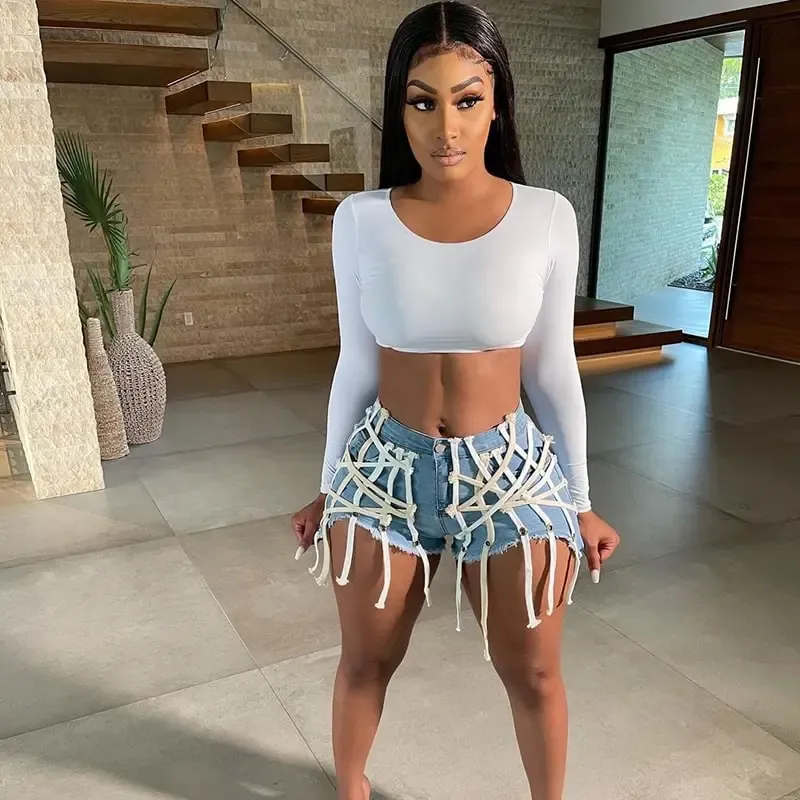 UrbanCage High-Waist Strappy Cutout Denim Shorts
