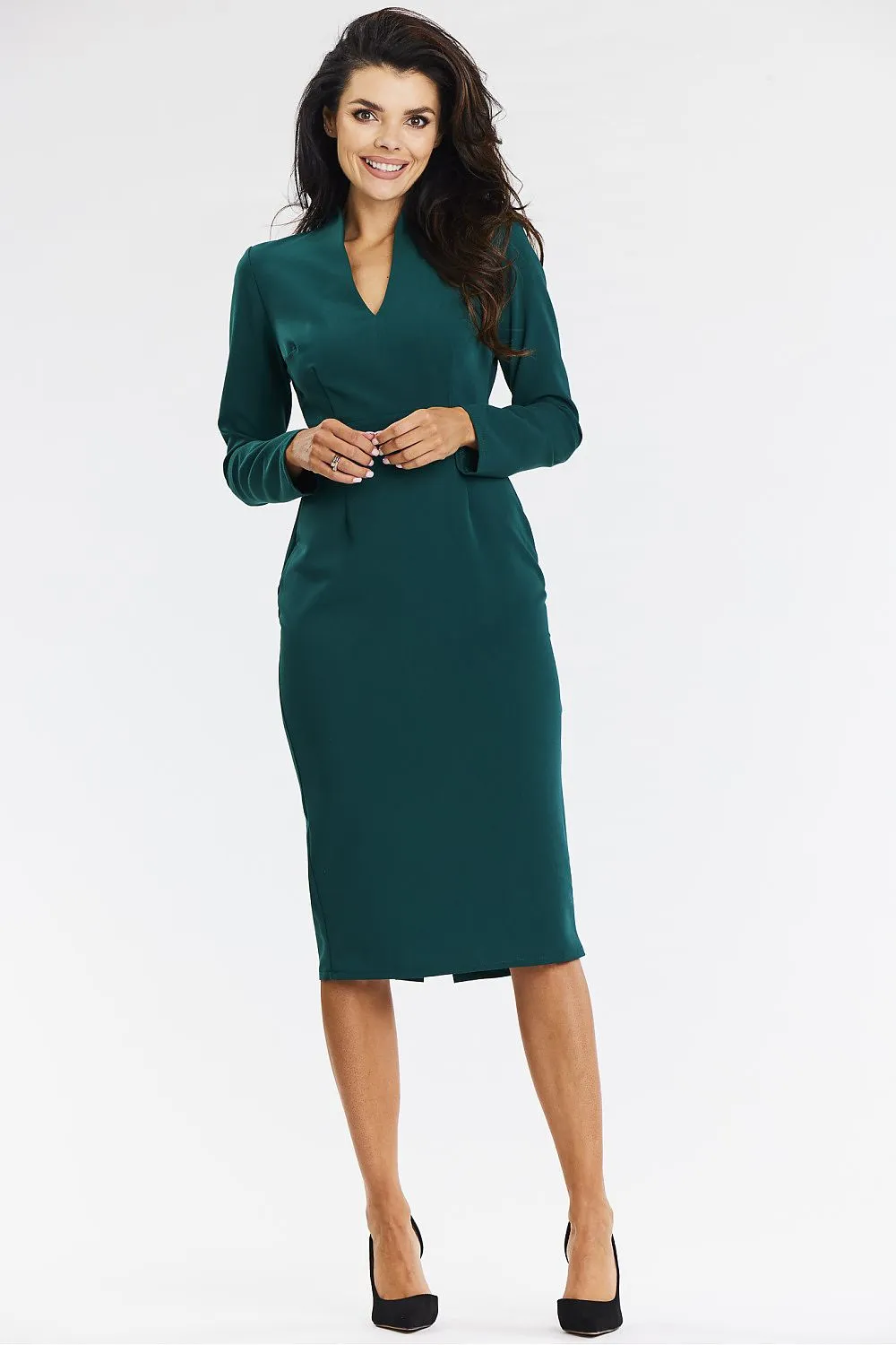 V-Neck Fitted Midi Dress