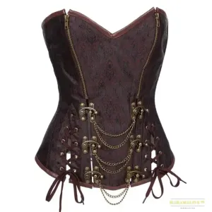 Vintage Gothic Steampunk Brown Leather Overbust Corset with Steel Bone Spiral Chain - Women's Stunning Pirate Waist Trainer Bustiers