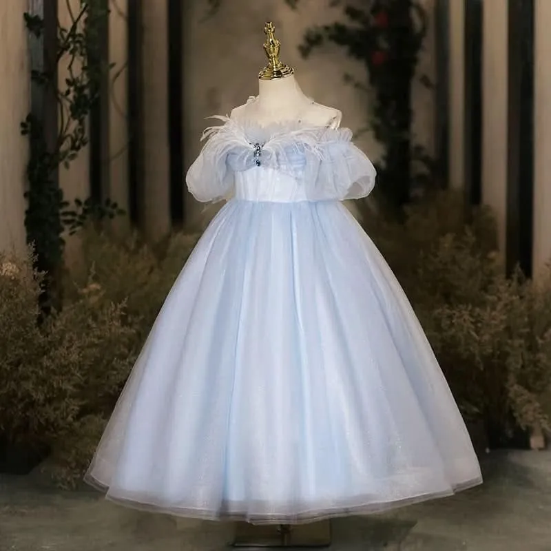 Violin Stage Performance Feather Mesh Elegant Girls Evening Dress