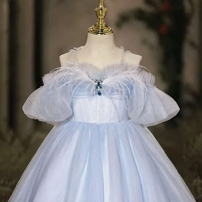 Violin Stage Performance Feather Mesh Elegant Girls Evening Dress