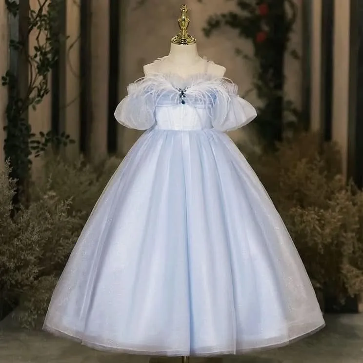 Violin Stage Performance Feather Mesh Elegant Girls Evening Dress