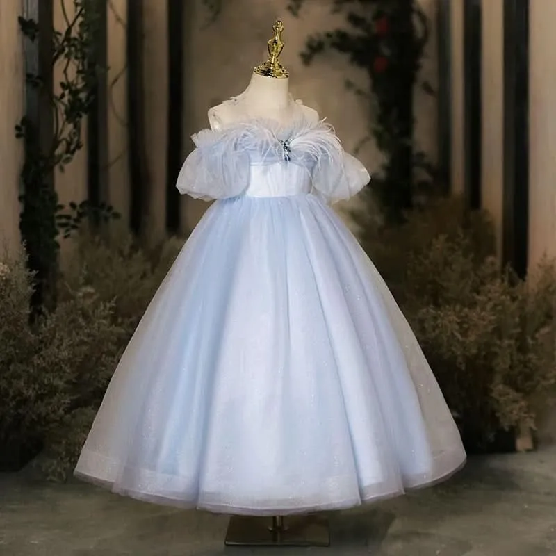 Violin Stage Performance Feather Mesh Elegant Girls Evening Dress