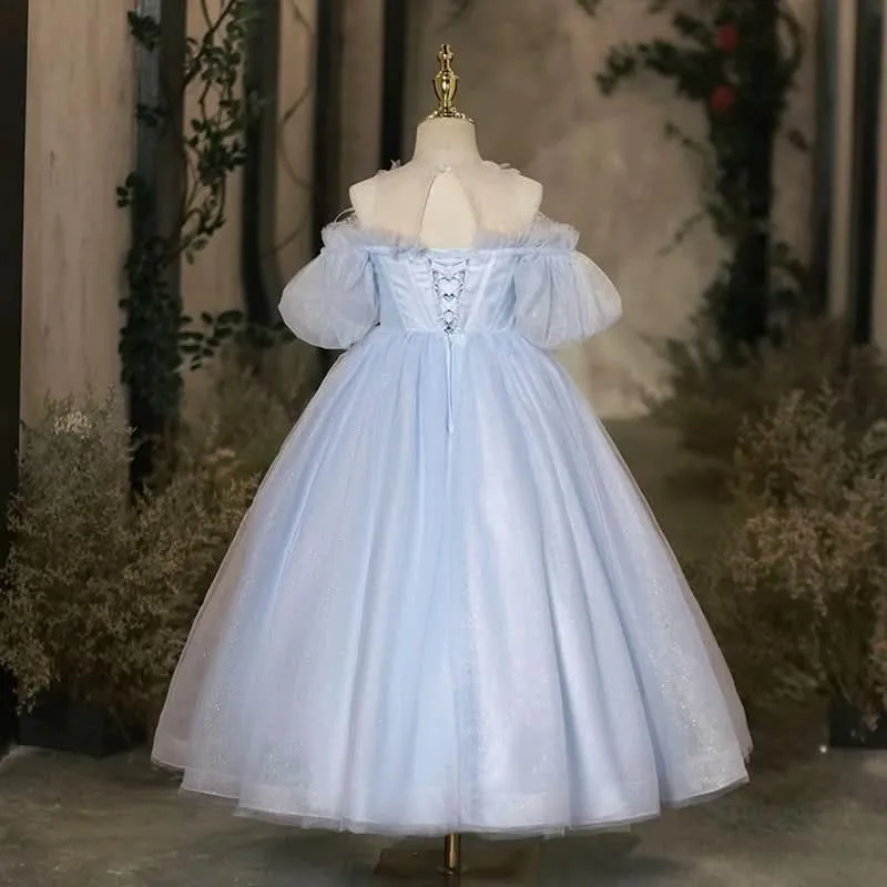 Violin Stage Performance Feather Mesh Elegant Girls Evening Dress