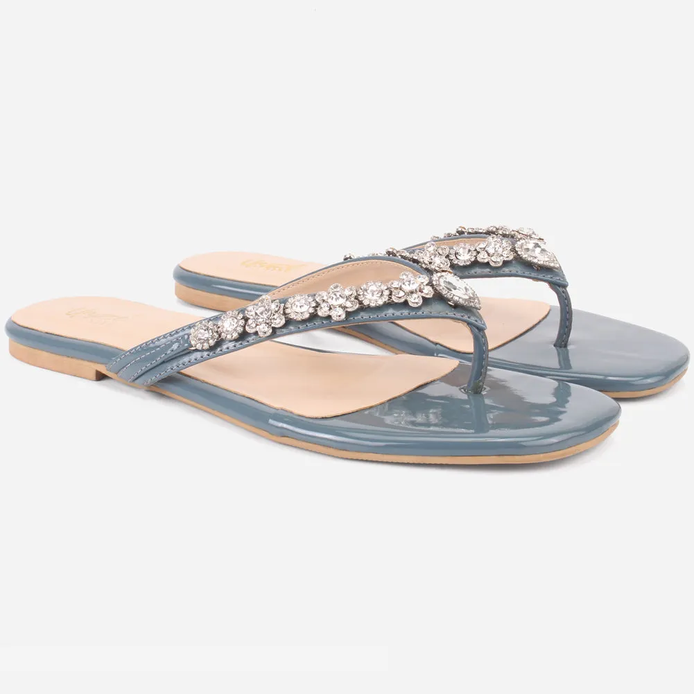 Womens "FARINA" Embellished V-Bar Summer Slippers